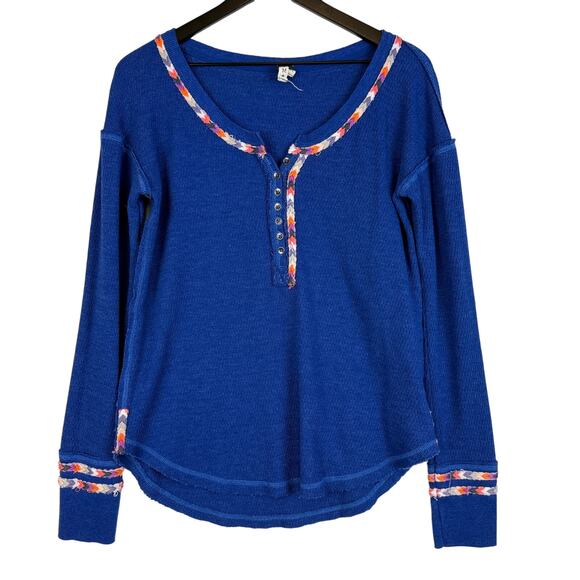Free People We The Free Size M Royal Blue Rainbow Trim Thermal Shirt Henley - Picture 1 of 9